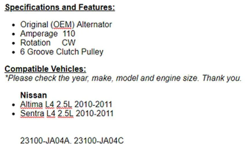 New Alternator For Nissan Altima 2010-2011, Sentra 2.5L