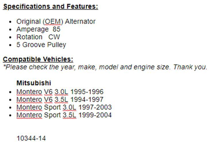 New Alternator For Mitshubishi Montero 1994 1995 1996 1997 (3.0L 3.5L)