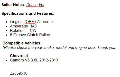 New Alternator For Chevy Camaro 2012-2013 (3.6L) 14021n