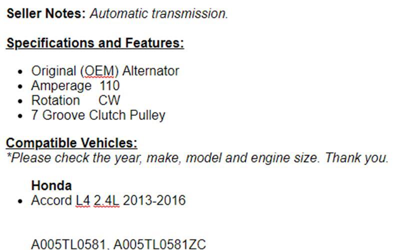 Fits Honda Accord (2.4L) 2013 2014 2015 2016 Automatic Alternator
