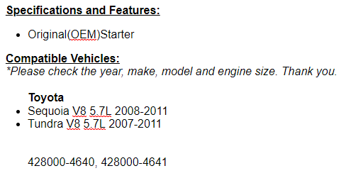 New Starter For Toyota Tundra 2007-2011 5.7L, Sequoia 2008 2009 2010 2011