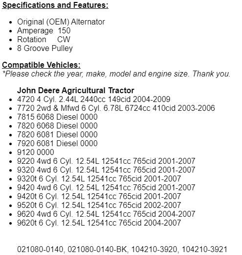 (150 Amp) For John Deere Tractor 4720 7815 7820 7920 9220 9420 9520 Alternator