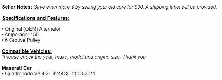 (150 Amp) For Maserati Quattroporte 2004-2006 2007 2008-2011 4.2L Alternator