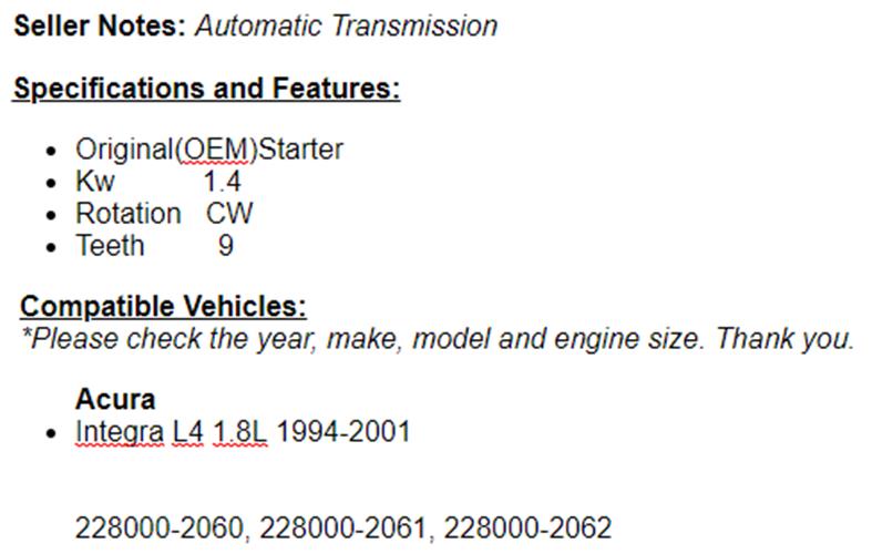 Fits Acura Integra 1994-2001 (1.8L) Automatic Starter 17517r