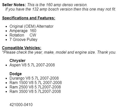 (160 Amp) For Dodge Ram 1500 2500 3500 Durango 2007-2008 (5.7L) Alternator
