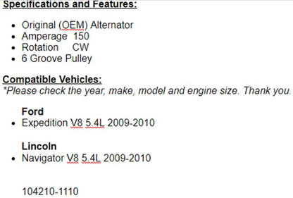 (150 Amp) For Ford Expedition, Lincoln Navigator 2009-2010 (5.4L) Alternator OEM