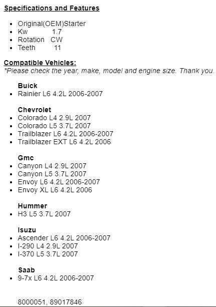 Fits Chevy Trailblazer, GMC Envoy 2006-2007 (4.2L) Starter 6782r