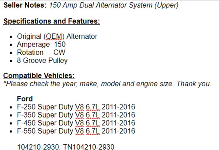 (157 Amp) For Ford F250 F350 F450 F550 Super Duty 2011-2016 Alternator 11622r