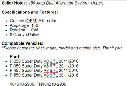 (157 Amp) For Ford F250 F350 F450 F550 Super Duty 2011-2016 Alternator 11622r