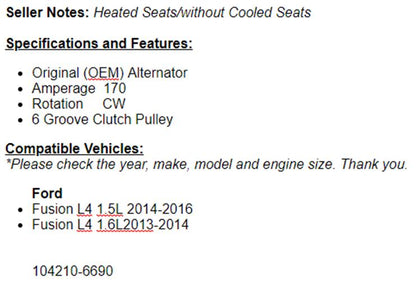 (170 Amp) For Ford Fusion 2013-2014 (1.6L), 2014-2016 Fusion 1.5L OEM Alternator