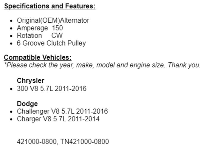 (160 Amp) Fits Dodge Charger 2011 2012 2013 2014 (5.7L) Alternator