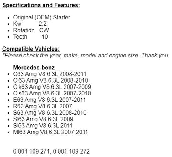 Fits Mercedes AMG series C63 CL63 CLK63 CLS63 E63 R63 S63 Starter OEM 19051r