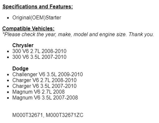 Fits Chrysler 300 2007 2008 2009 2010, Dodge Challenger 2.7 3.5 Starter 19025