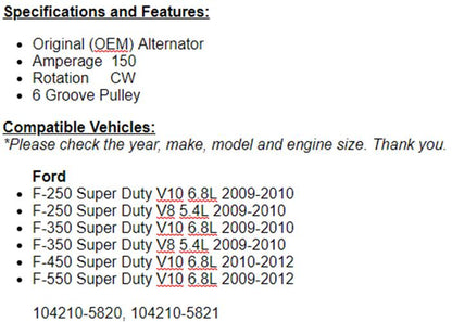 (150 Amp) For Ford F250 F350 Super Duty 2009-2010 (5.4L-6.8L) Alternator 11293r