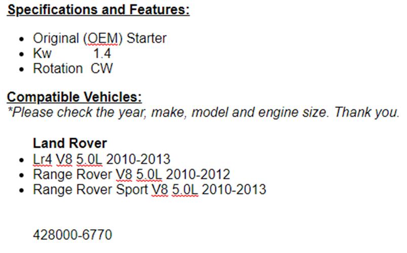 2010 2011 2012 2013 Land Rover LR4 5.0L, Range Rover Sport 5.0L Starter 19178r