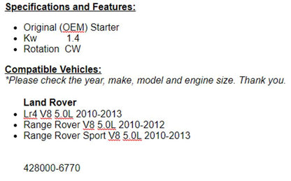 2010 2011 2012 2013 Land Rover LR4 5.0L, Range Rover Sport 5.0L Starter 19178r