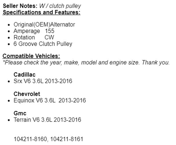 (155 Amp) For Cadillac SRX, Equinox, Terrain 2013 2014 2015-16 (3.6L) Alternator