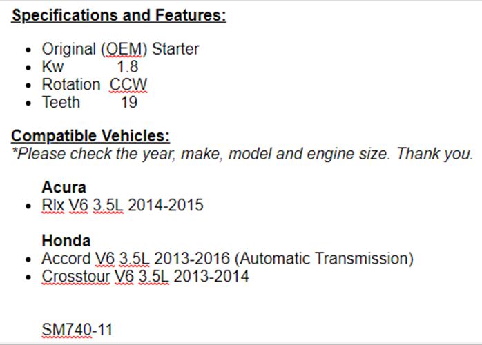 Fits Acura RLX 2014-2015, 2013-2016 Accord 3.5L Automatic Starter 19252-25291