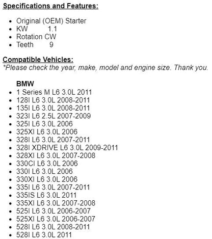 Fits BMW 1 Series 128i 135i 323i 325i 325xi 328i Xdrive Starter 2007-2011 17922r