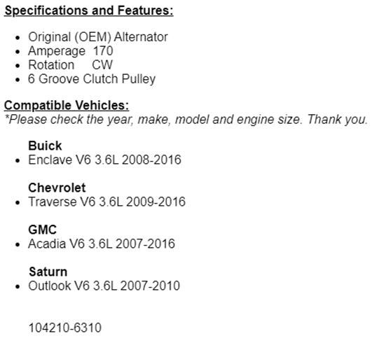 (170 Amp) For Buick Enclave 2008-2016, 2009-2016 Chevy Traverse 3.6 Alternator