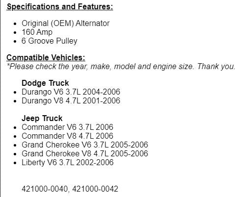 (160 Amp) For Jeep Liberty 2002-2006, 2005-2006 Grand Cherokee Alternator 13913r