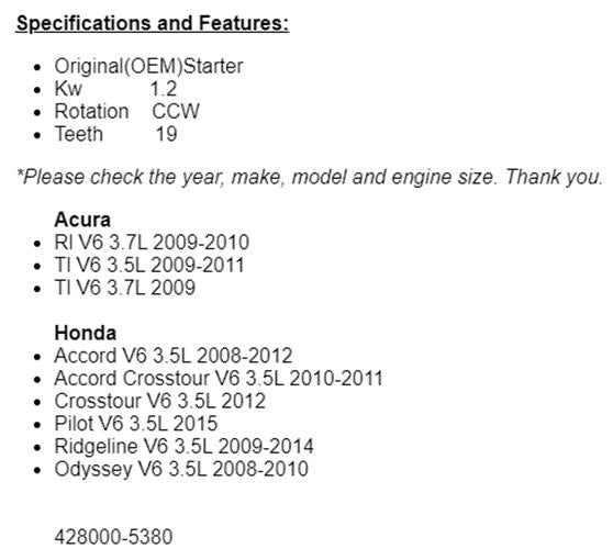 Fits Honda Accord 2008-2012 (3.5L), 2008 2009 2010 Odyssey Starter 19014r