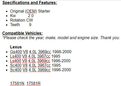Fits Lexus LS400 (4.0L), 1996 1997 1998 1999 2000 SC400 4.0L OEM Starter 17581r