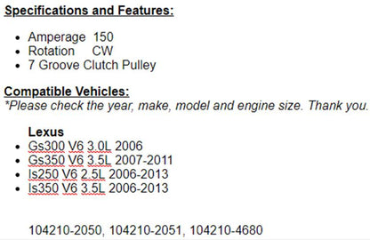(150 Amp) For Lexus GS350 2007-08 2009-2011 2006-13 IS250 IS350 3.5L Alternator