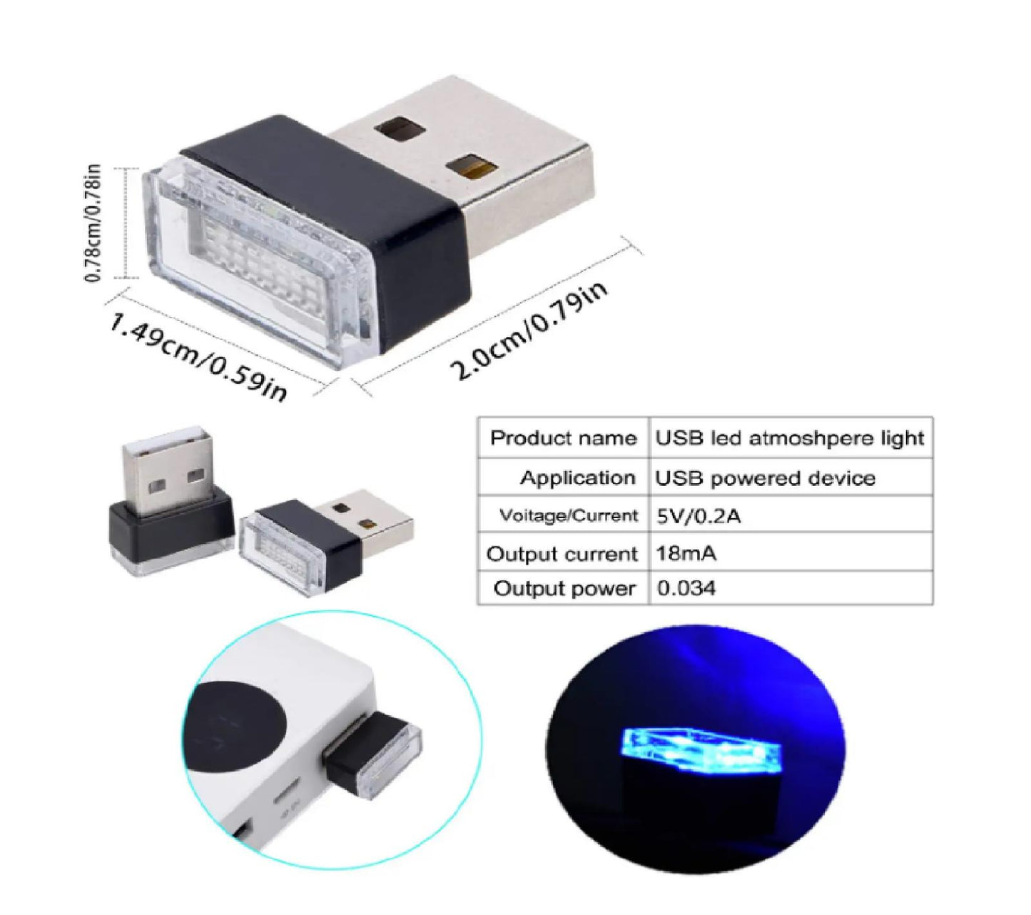4x Mini Blue LED USB Car Interior Light Neon Atmosphere Ambient Lamp Accessories