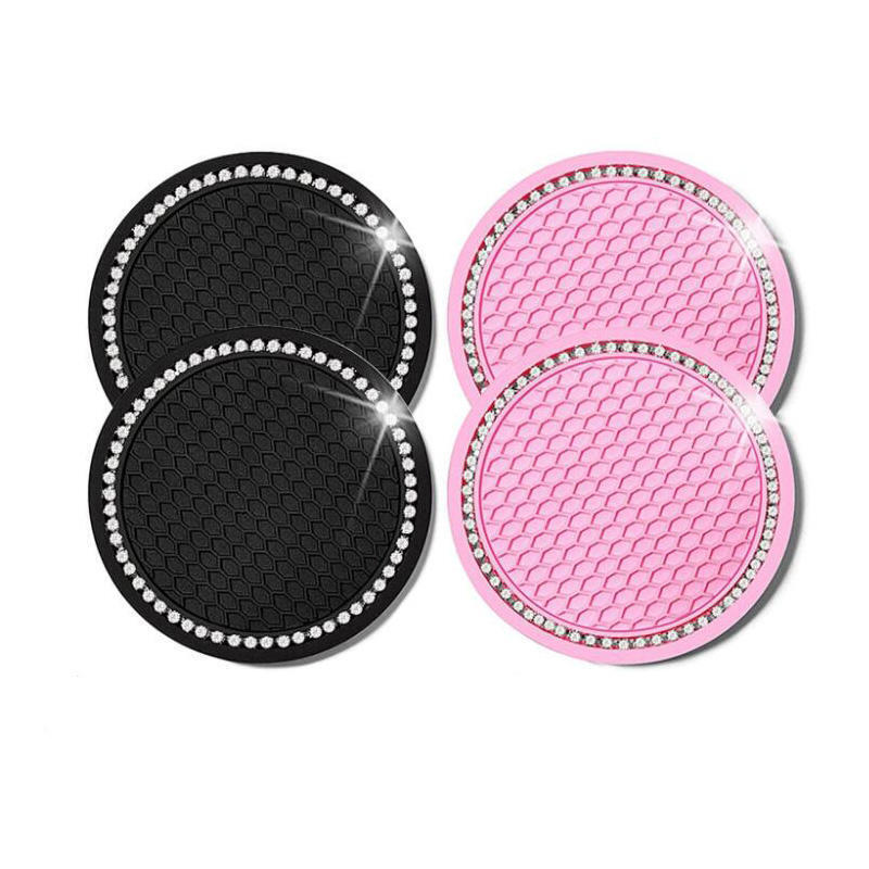 2pcs Car Pink Bling Rhinestone Cup Holder Insert Coaster Interior Accessories