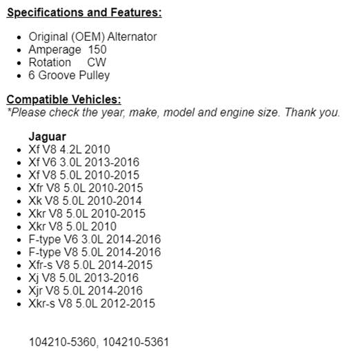 (150 Amp) New Alternator For Jaguar F-Type XE XF XFR XJ XJR XK XKR XKR-S F-Pace