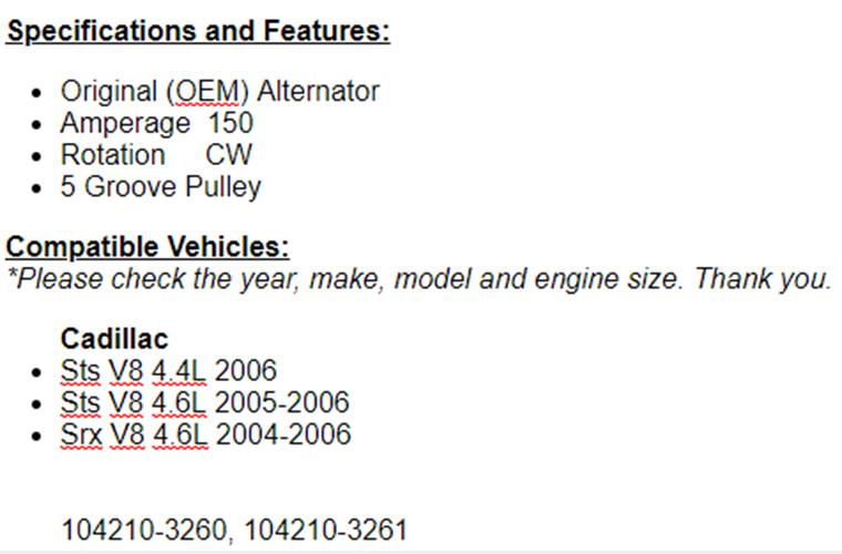 (150 Amp) New Alternator For Cadillac STS 2005-2006, 2004 2005 2006 SRX (4.6L)