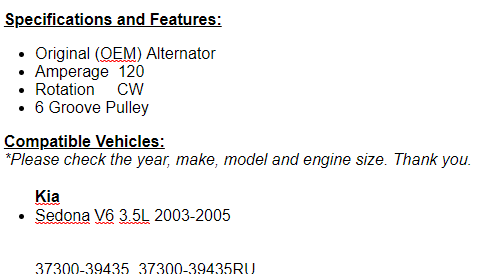 Fits Kia Sedona 2003 2004 2005 (3.5L) Alternator OEM