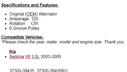 Fits Kia Sedona 2003 2004 2005 (3.5L) Alternator OEM