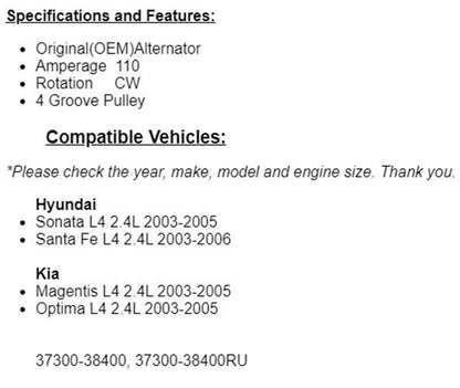 New Alternator For Hyundai Sonata Santa Fe, Kia Optima 2003-2005 (2.4L)