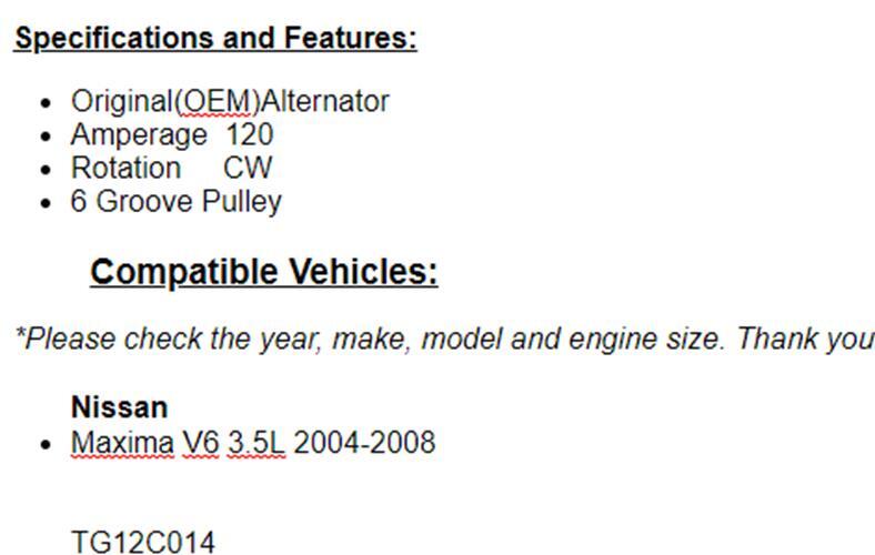 Alternator For 2004 2005 2006 2007 2008 Nissan Maxima 3.5L