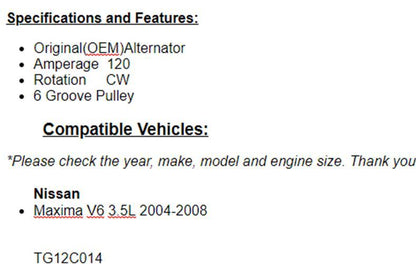 Alternator For 2004 2005 2006 2007 2008 Nissan Maxima 3.5L