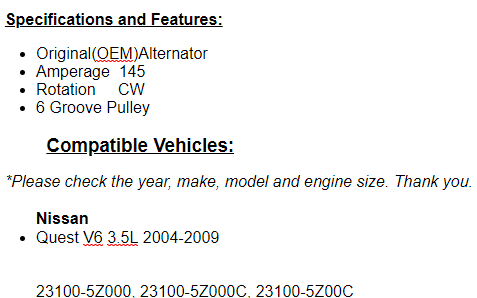 For Nissan Quest 3.5L 2004 2005 2006 2007 2008 2009 Alternator
