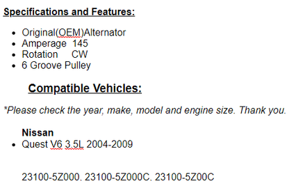 For Nissan Quest 3.5L 2004 2005 2006 2007 2008 2009 Alternator