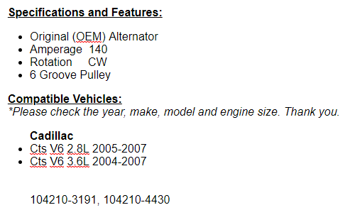 (140 Amp) New Alternator For Cadillac CTS 2005-2007 (2.8L), 2004-2007 CTS 3.6L