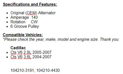 (140 Amp) New Alternator For Cadillac CTS 2005-2007 (2.8L), 2004-2007 CTS 3.6L