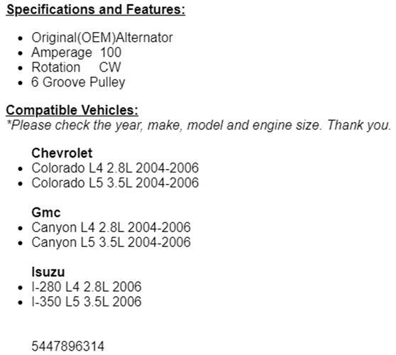 New Alternator Fits Chevy Colorado, GMC Canyon 2004 2005 2006 (2.8L-3.5L)