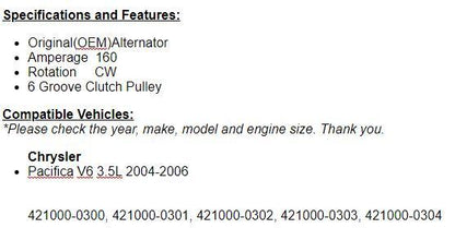 (145 Amp) For Chrysler Pacifica Alternator 2004 2005 2006 (3.5L)