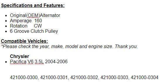 (145 Amp) New Alternator For Chrysler Pacifica 2004 2005 2006 (3.5L)