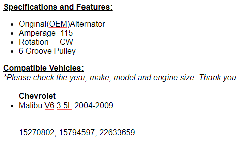 New OEM Alternator For Chevrolet Mailbu 2004 2005 2006 2007 2008 2009 (3.5L)