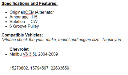 New OEM Alternator For Chevrolet Mailbu 2004 2005 2006 2007 2008 2009 (3.5L)