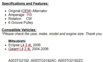 AlternatorFor Mitsibishi Eclipse 2006 2.4L, Galant 2004 2005 2006 OEM