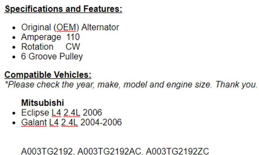 New Alternator For Mitsibishi Galant 2004 2005 2006, 2006 Eclipse 2.4L