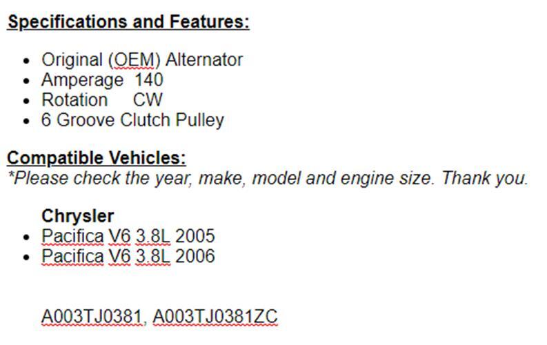 140AMP Fits Chrysler Pacifica 2005 2006 (3.8L) Alternator