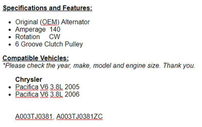 140AMP Fits Chrysler Pacifica 2005 2006 (3.8L) Alternator